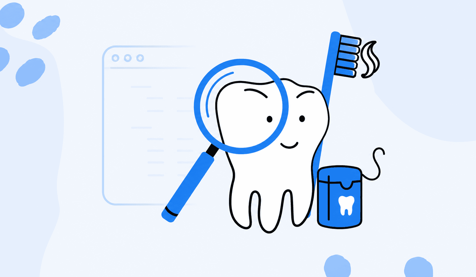 A friendly tooth being inspected with a magnifying glass, beside a toothbrush and dental floss